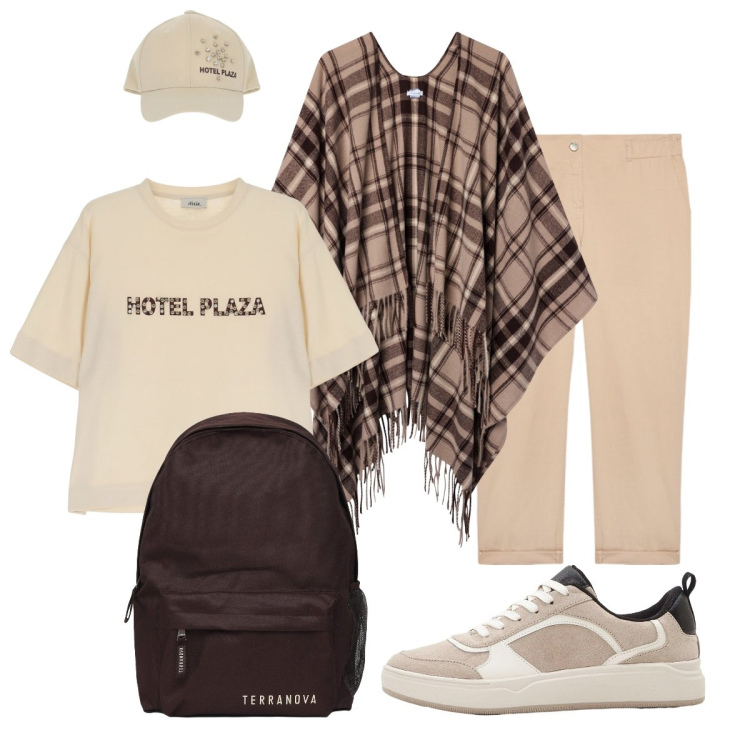 Outfit donna - Il poncho a quadretti. Stile Sporty chic per Tutti i giorni. Abbinamento con sneakers, cappotti, zaini, t-shirt, pantaloni.