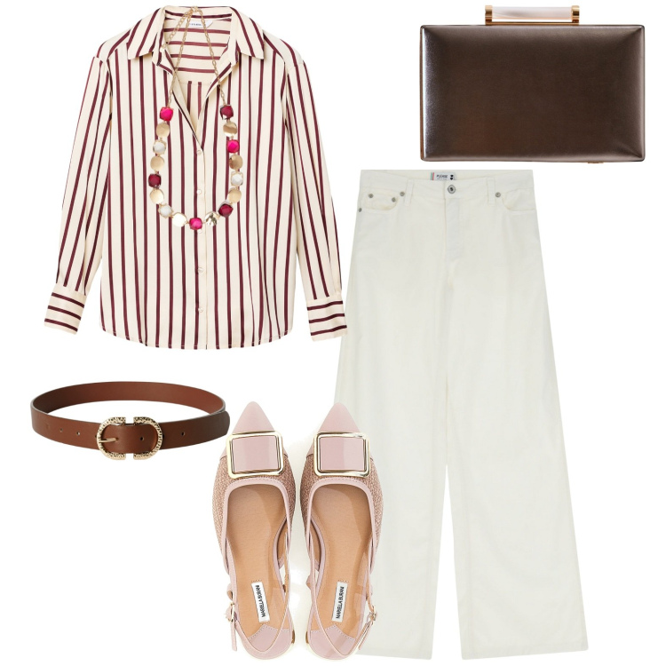 Outfit donna - Subliminal verses. Stile Casual chic per Ufficio. Abbinamento con camicie, cinture, clutch, pantaloni a palazzo, ballerine, collane.