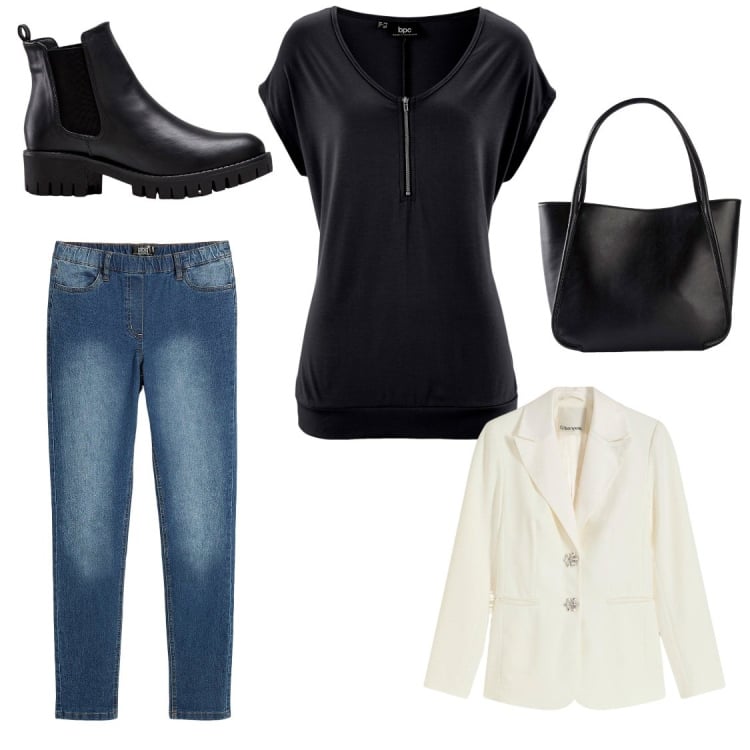 Outfit donna - Total look #2238803. Abbinamento con t-shirt, stivaletti chelsea, blazer, shopping bag, jeggings.