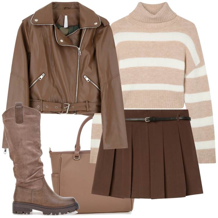 Outfit donna - Autunno universitario. Stile Casual per Scuola/Università. Abbinamento con minigonne, maglieria, giacche, stivali, borse a tracolla.