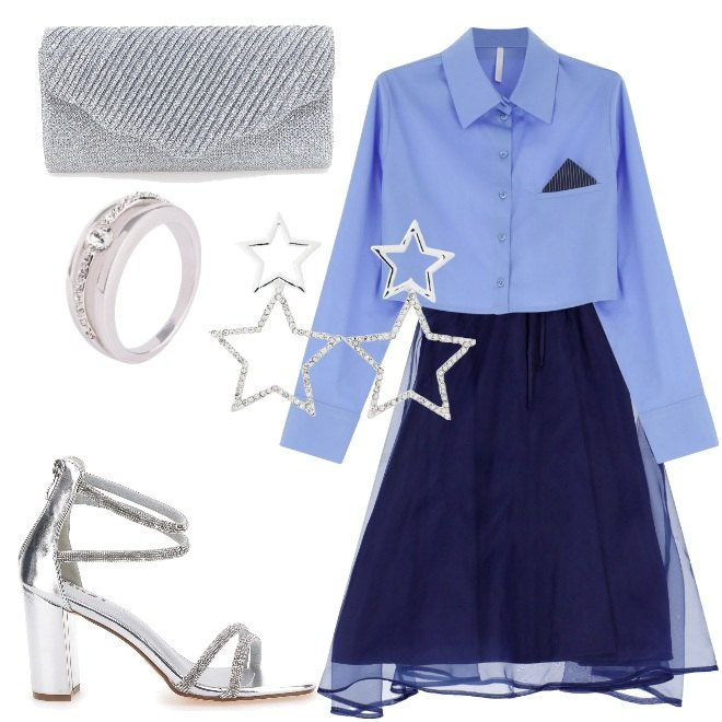 Outfit donna - Festa di compleanno. Stile Bon Ton per Serata fuori. Abbinamento con anelli, orecchini, camicie, gonne longuette, sandali col tacco, borse a tracolla.