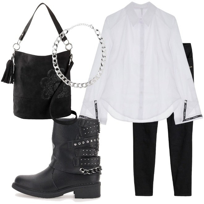Outfit donna - Biker per rientrare in università. Stile Rock per Tutti i giorni. Abbinamento con pantaloni cargo, borse a mano, collane, camicie, stivaletti.