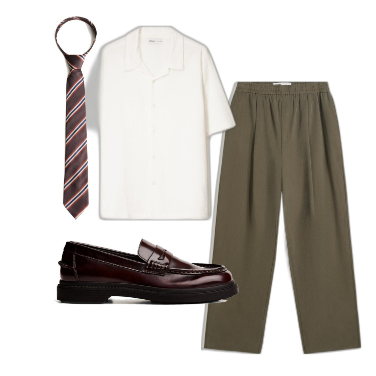 Outfit hombre - Trendy #5367. Estilo Trendy para Oficina. Combinación con pantalones, camisas de manga corta, corbatas, zapatos con cordones.