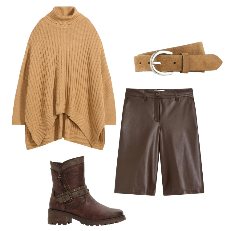 Outfit donna - Maglione poncho e bermuda. Stile Trendy per Tutti i giorni. Abbinamento con bermuda, maglieria, cinture, stivaletti.