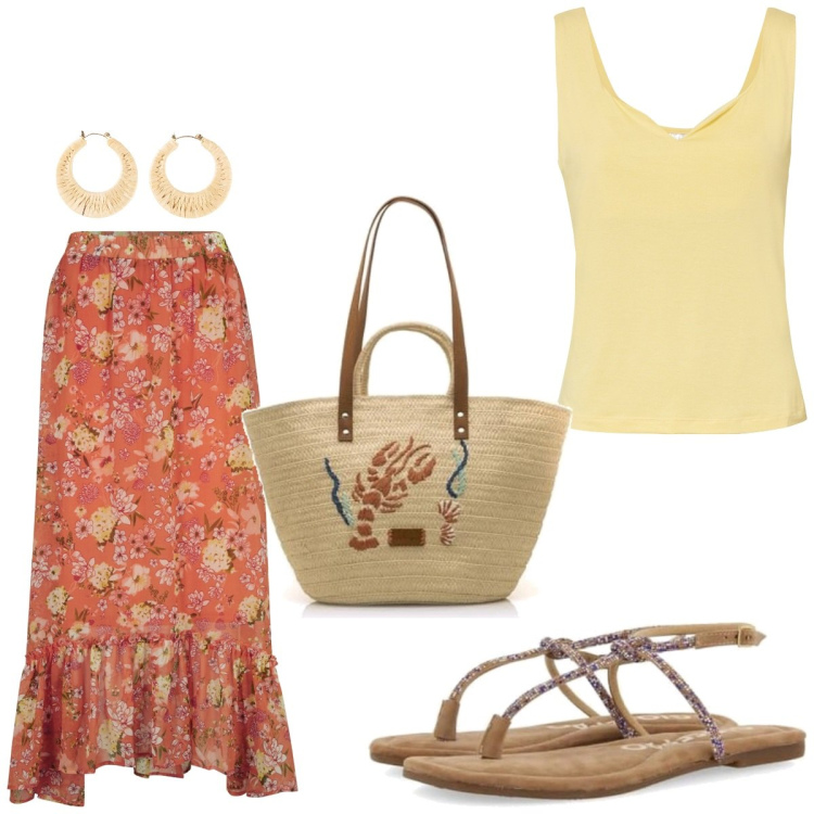 Outfit femme - Vacances en septembre. Style Basique pour Tous les jours. Assortir avec jupes longues, hauts, boucles d'oreilles, sacs à main, sandales en cuir.
