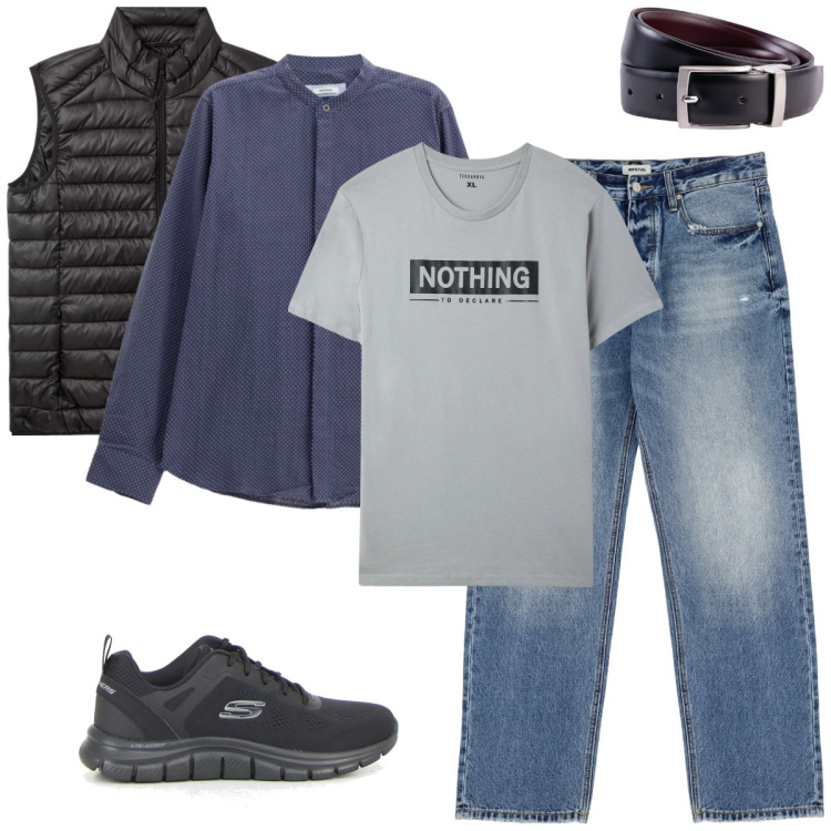 Outfit uomo - Strati con gilet trapuntato. Stile Casual per Tutti i giorni. Abbinamento con piumini, t-shirt, jeans, camicie, cinture, sneakers.