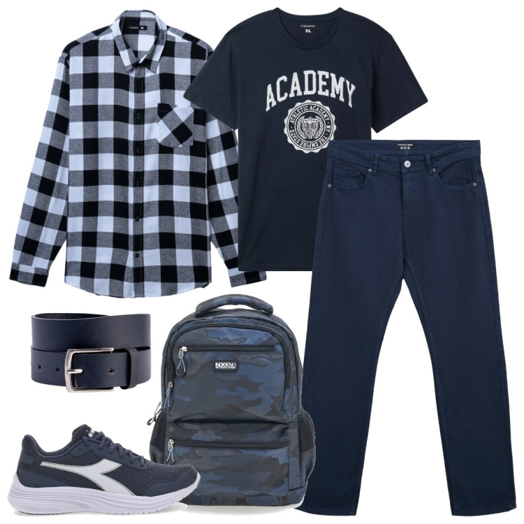 Outfit uomo - Country chic con camicia a quadri. Stile Casual per Tutti i giorni. Abbinamento con t-shirt sportive, jeans dritti, camicie, cinture, borse sportive, sneakers.