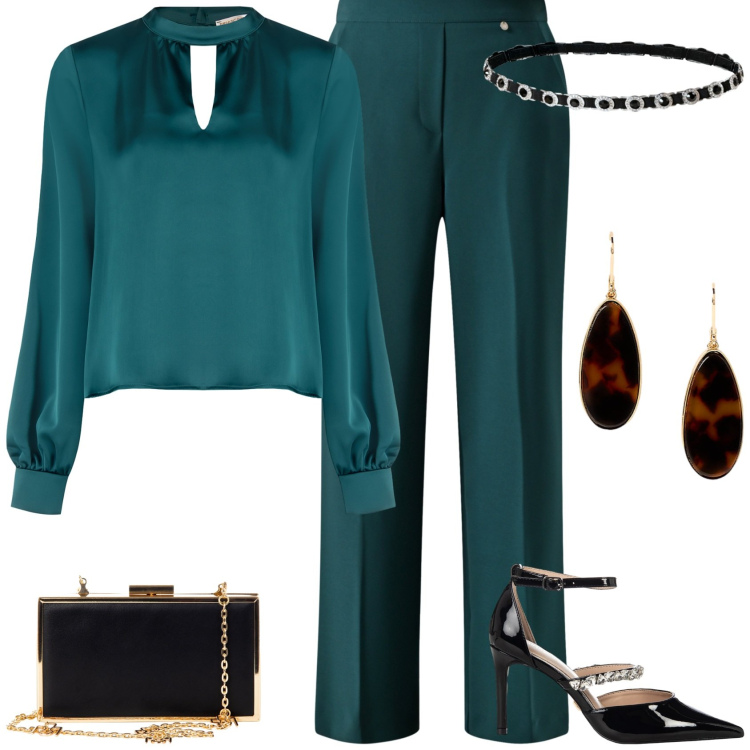 Outfit donna - Sfumature verde bosco. Stile Chic per Cerimonia. Abbinamento con bluse, pantaloni, décolleté, pochette, cinture, orecchini.