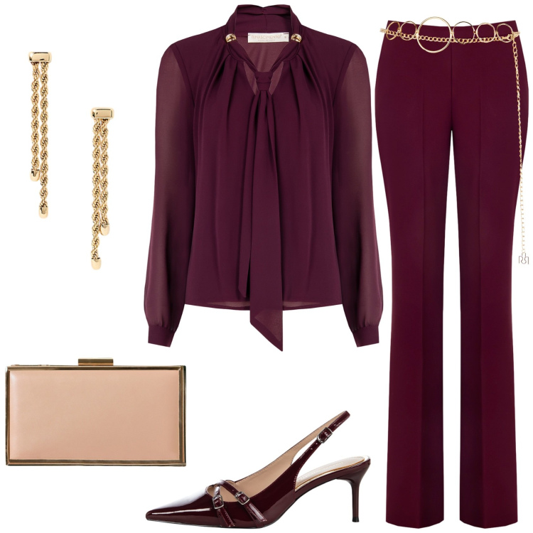 Outfit donna - Sfumature di rosso intenso. Stile Chic per Cerimonia. Abbinamento con bluse, pantaloni, cinture, décolleté, pochette, orecchini.