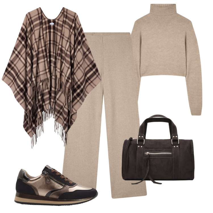 Outfit donna - Il poncho tartan. Stile Casual per Tutti i giorni. Abbinamento con sneakers, pantaloni, maglieria, borse a mano, cappotti.