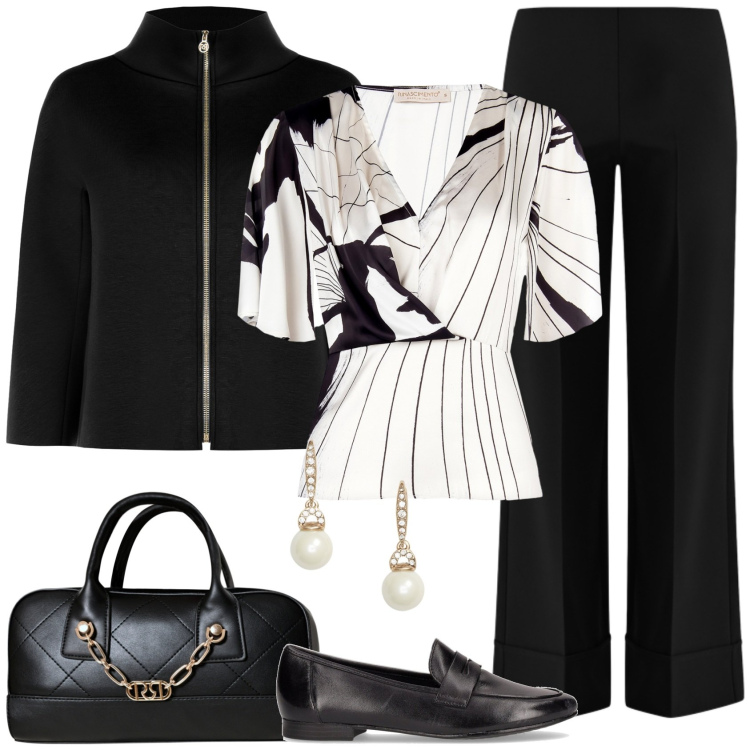 Outfit donna - In ufficio. Stile Casual chic per Ufficio. Abbinamento con bluse, pantaloni a palazzo, cappe, borse a mano, orecchini, mocassini.