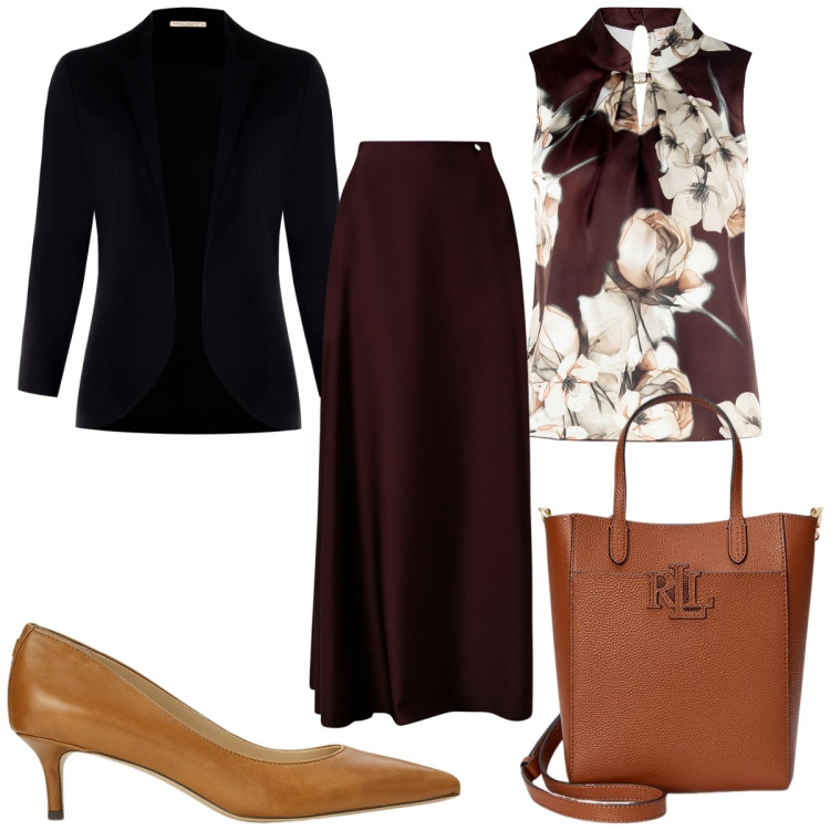 Outfit donna - Rinascimento: autunno trendy. Stile Trendy per Tutti i giorni. Abbinamento con gonne lunghe, top, blazer, borse tote, décolleté.