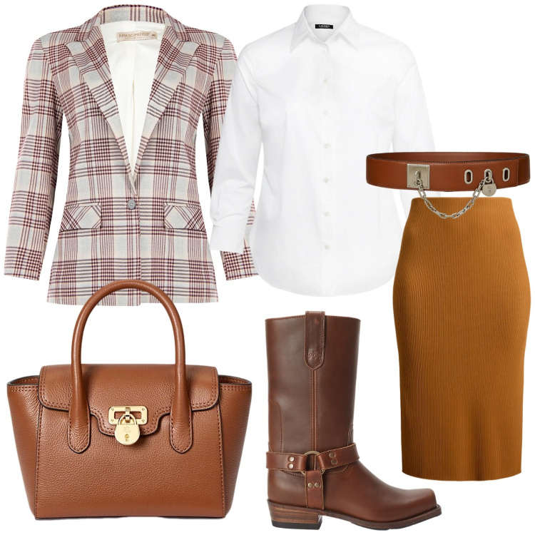 Outfit donna - Nuove tendenze: il ritorno del tartan. Stile Minimal per Ufficio. Abbinamento con blazer, camicie, stivaletti, borse a mano, gonne, cinture.