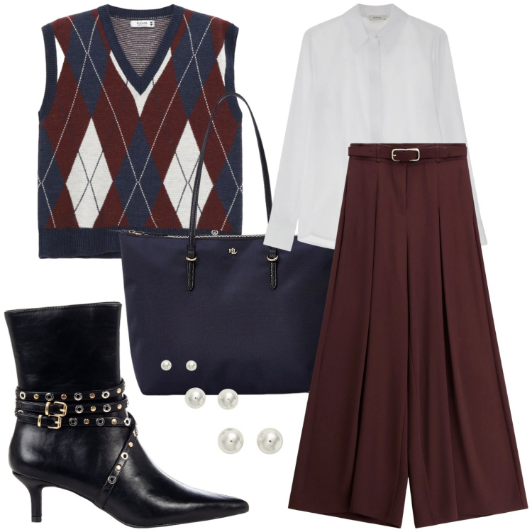 Outfit donna - Gilet tartan. Stile Glamour per Ufficio. Abbinamento con stivaletti, gilet, pantaloni, camicie, borse tote, orecchini.
