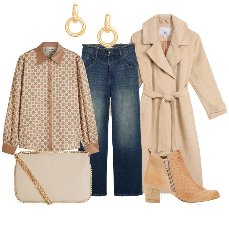 Outfit donna - Idea outfit autunnale. Stile Casual chic per Tutti i giorni. Abbinamento con jeans dritti, cappotti, bluse, borse a tracolla, orecchini, stivaletti.