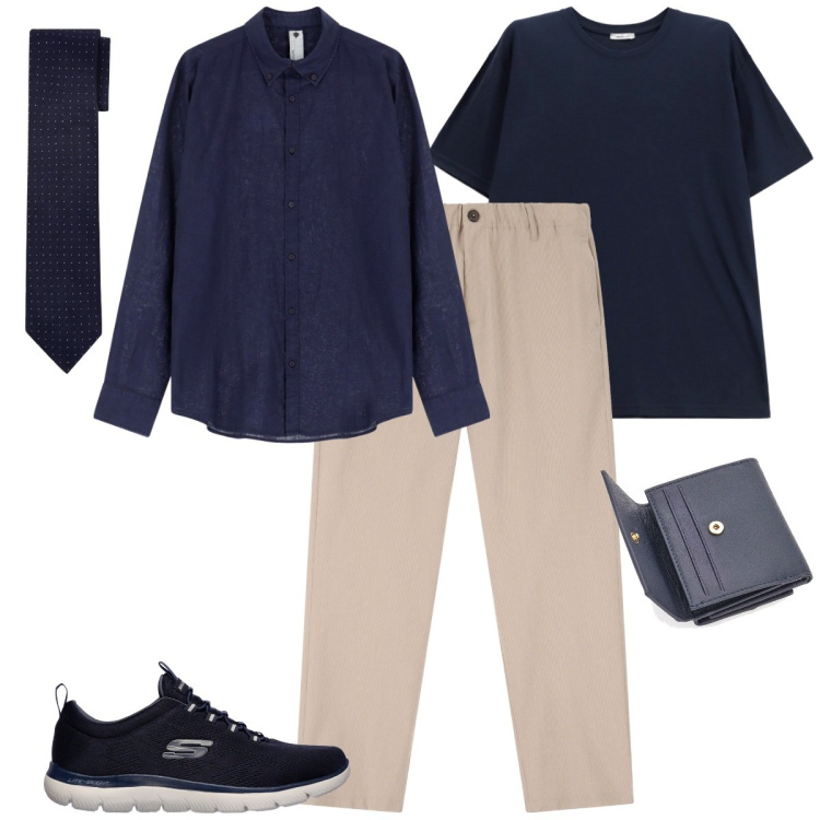 Outfit uomo - Aperitivo di fine estate in terrazza. Stile Business/Elegante per Serata speciale. Abbinamento con camicie, t-shirt, pantaloni, cravatte, sneakers, portafogli.