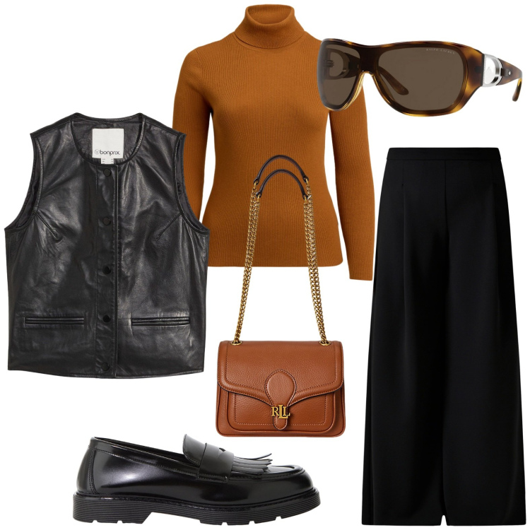 Outfit donna - Minimal chic autunnale. Stile Urban per Tutti i giorni. Abbinamento con gilet, pantaloni a palazzo, mocassini, maglieria, occhiali da sole, borse a spalla.