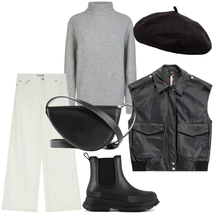 Outfit donna - Minimal chic autunnale. Stile Minimal per Ufficio. Abbinamento con borse a tracolla, pantaloni a palazzo, gilet, maglieria, stivali, cappelli e berretti.