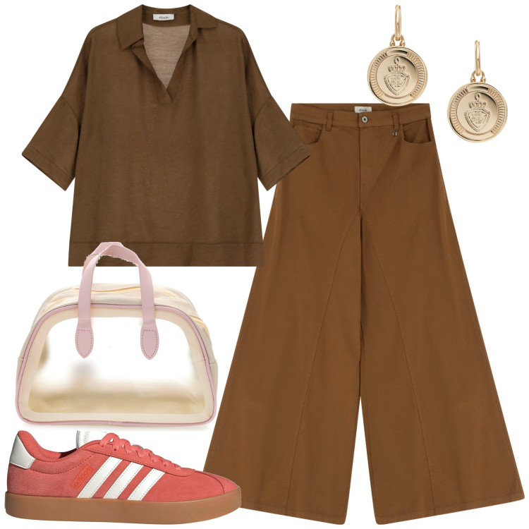 Outfit donna - Casual. Stile Casual chic per Tutti i giorni. Abbinamento con pantaloni, bluse, orecchini, sneakers, valigie.