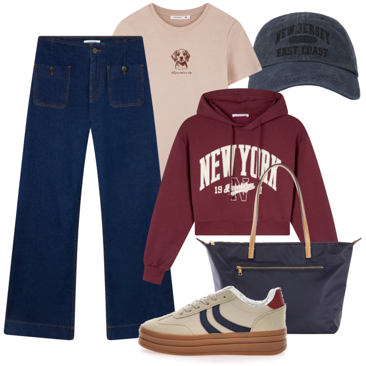 Outfit donna - Settembre a scuola. Stile Casual per Scuola/Università. Abbinamento con shopping bag, felpe con cappuccio, jeans, cappelli con visiera, t-shirt, sneakers.