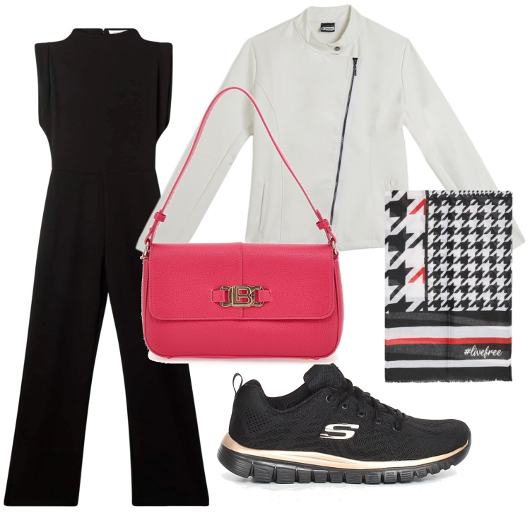 Outfit donna - Il foulard leggero. Stile Minimal per Serata fuori. Abbinamento con tute, giacche, foulard, borse a spalla, sneakers.