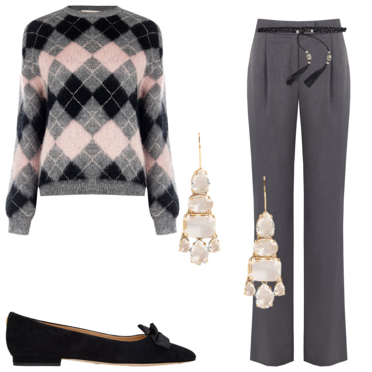 Outfit donna - Ritorno del tartan. Stile Casual chic per Ufficio. Abbinamento con pantaloni, maglieria, cinture, orecchini, ballerine.