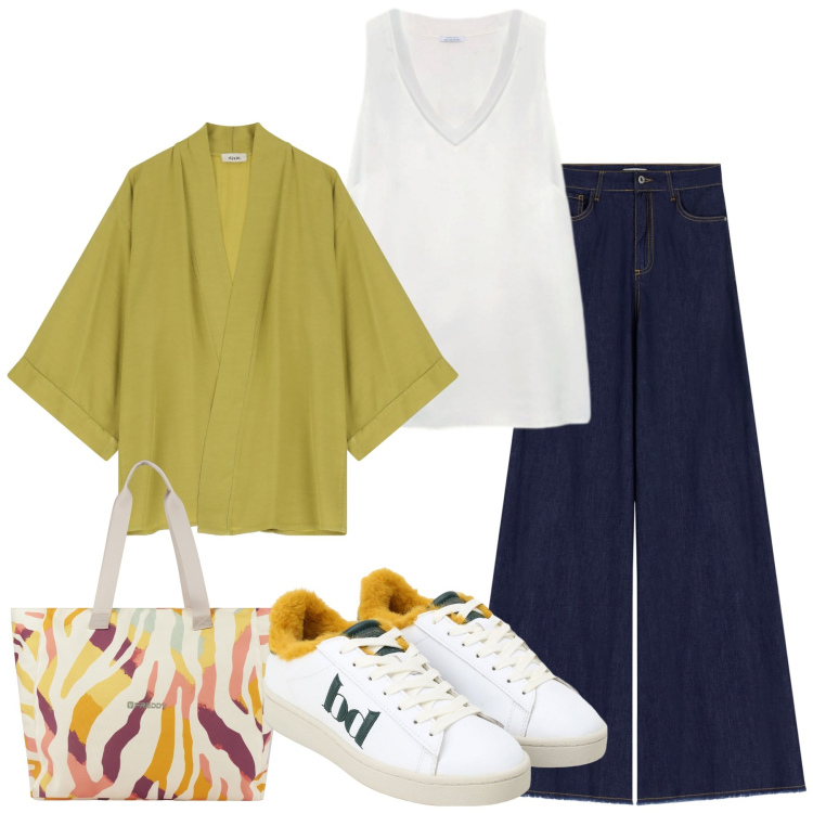 Outfit donna - Total look #2238902. Stile Casual chic per Tutti i giorni. Abbinamento con sneakers, jeans a zampa, blazer, shopping bag, top.
