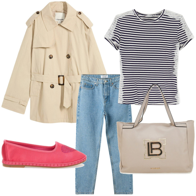 Outfit donna - Tempo di trench. Stile Minimal per Tutti i giorni. Abbinamento con trench, jeans mom, t-shirt, borse a spalla, ballerine.