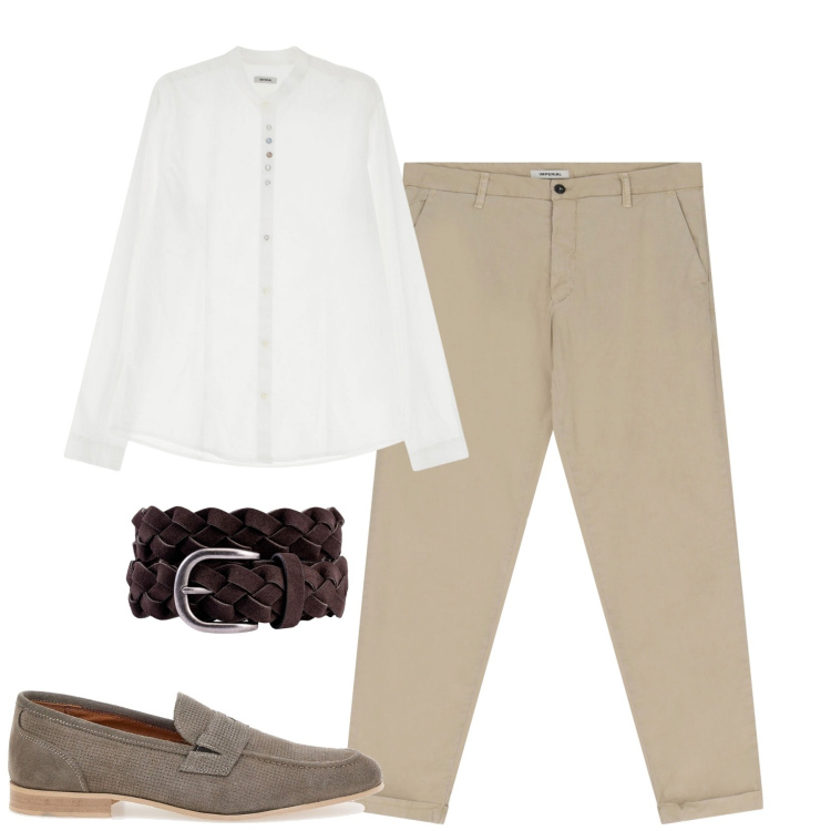 Outfit uomo - Chino e coreana bianca. Stile Trendy per Serata speciale. Abbinamento con pantaloni chino, camicie, scarpe stringate, cinture.