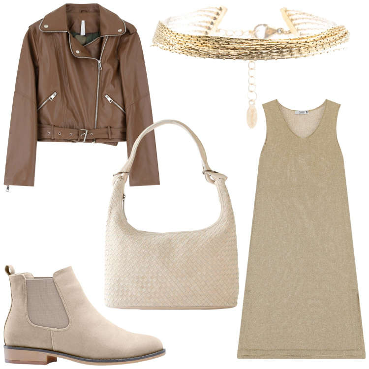 Outfit donna - Marrone rock. Stile Rock per Tutti i giorni. Abbinamento con stivaletti chelsea, shopping bag, vestiti midi/longuette, giacche, braccialetti.