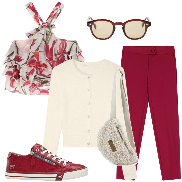 Outfit donna - Settembre. Stile Casual per Tutti i giorni. Abbinamento con sneakers, cardigans, canottiere, occhiali da sole, pantaloni, marsupi.