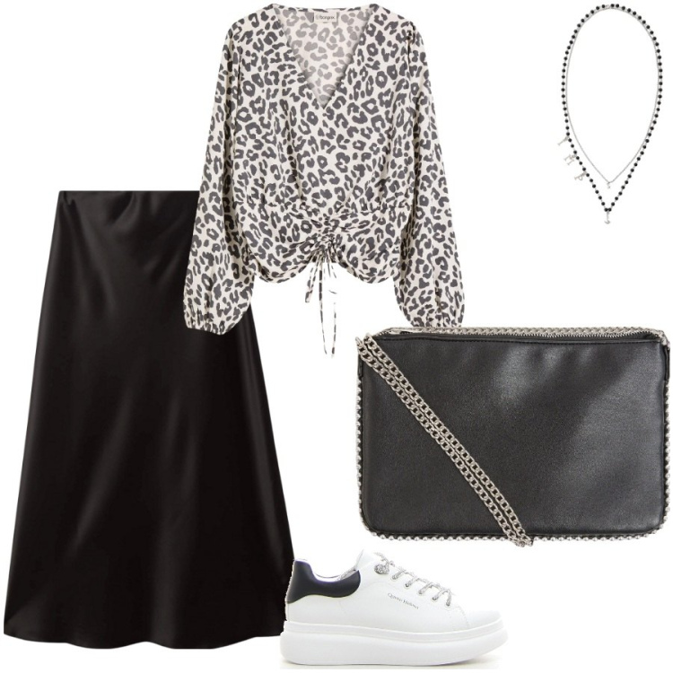 Outfit donna - Tempo con le amiche. Stile Casual chic per Serata fuori. Abbinamento con bluse, borse a tracolla, gonne lunghe, collane, sneakers.