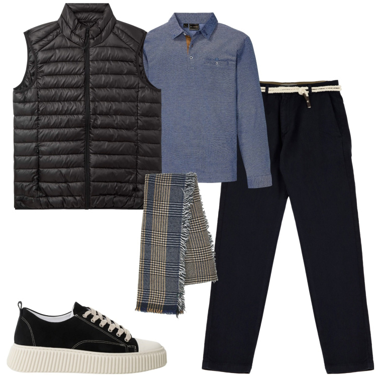 Outfit uomo - Lo smanicato per i primi freddi. Stile Urban per Tutti i giorni. Abbinamento con polo, piumini, sneakers, pantaloni chino, sciarpe.