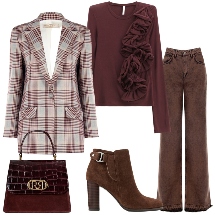 Outfit donna - Ritorno del tartan. Stile Sporty chic per Serata fuori. Abbinamento con jeans dritti, blazer, borse a mano, t-shirt, stivaletti.