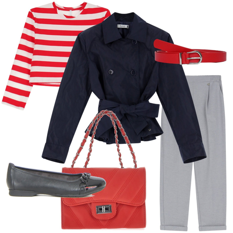 Outfit donna - Stile parisienne. Stile Casual per Scuola/Università. Abbinamento con cinture, blazer, t-shirt, pantaloni, ballerine, borse a tracolla.