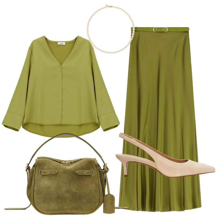 Outfit donna - Bon Ton in verde. Stile Bon Ton per Ufficio. Abbinamento con gonne lunghe, camicie, collane, décolleté, borse a mano.