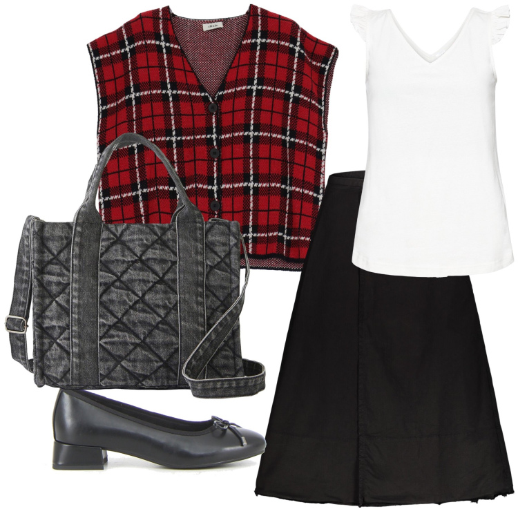 Outfit donna - Ufficio in gilet. Stile Trendy per Ufficio. Abbinamento con top, borse a mano, gilet, gonne lunghe, ballerine.