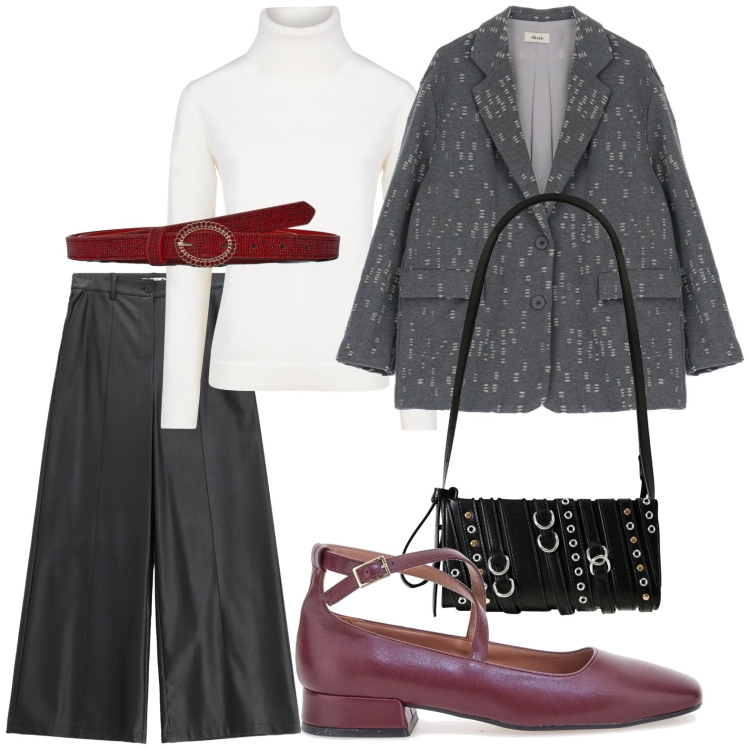 Outfit donna - Look da città. Stile Minimal per Serata fuori. Abbinamento con cinture, borse a spalla, pantaloni, blazer, ballerine, maglieria.