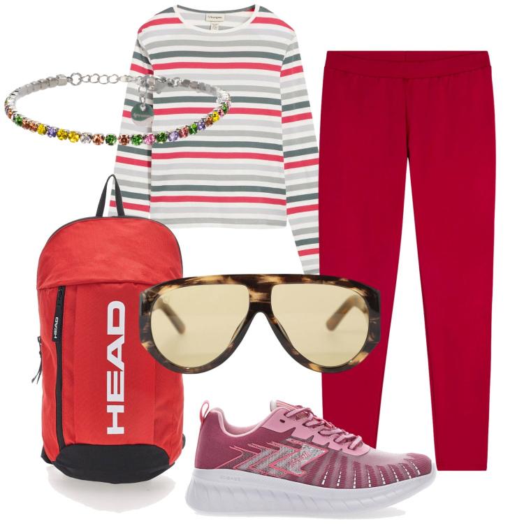 Outfit donna - Colorato tempo libero. Stile Casual chic per Tutti i giorni. Abbinamento con maglieria, occhiali da sole, braccialetti, leggings, zaini, sneakers.