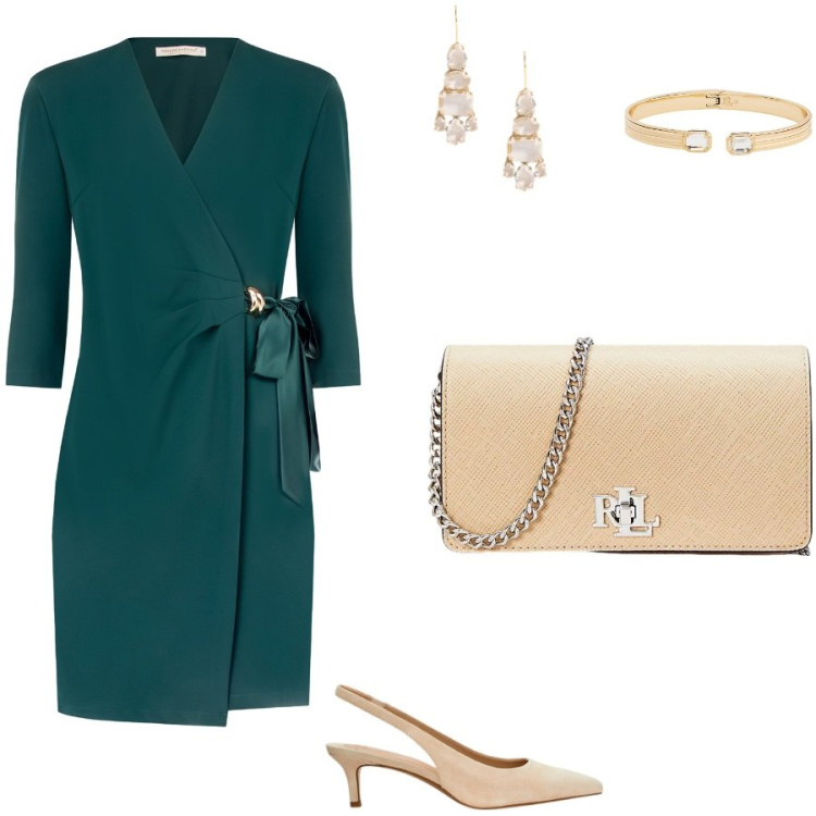 Outfit donna - Battesimo d\'autunno. Stile Chic per Cerimonia. Abbinamento con vestiti corti, décolleté, borse a tracolla, braccialetti, orecchini.