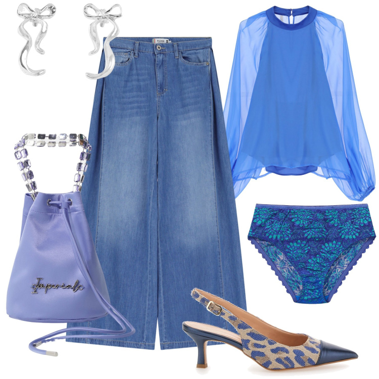 Outfit donna - Originalmente elegante. Stile Glamour per Serata fuori. Abbinamento con culotte, orecchini, jeans, camicie, borse a secchiello, décolleté.