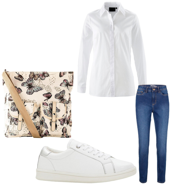 Outfit donna - Volano farfalle. Stile Casual per Tutti i giorni. Abbinamento con jeans skinny, camicie, sneakers, borse a tracolla.