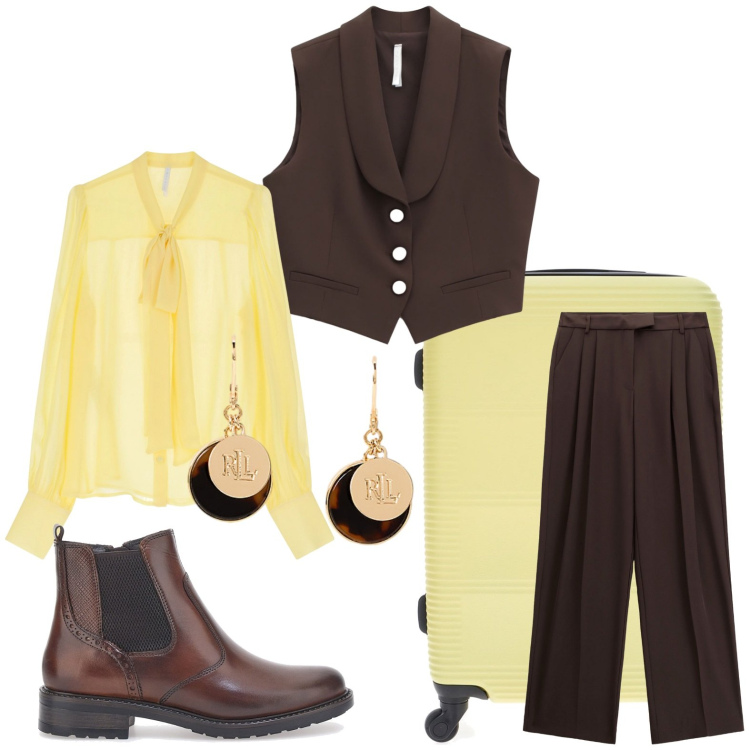 Outfit donna - Moderna con il gilet. Stile Trendy per Tutti i giorni. Abbinamento con camicie, pantaloni, gilet, orecchini, stivaletti chelsea, valigie.