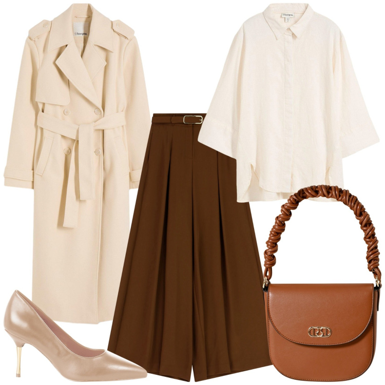 Outfit donna - Autunno. Stile Chic per Ufficio. Abbinamento con trench, camicie, décolleté, borse a mano, pantaloni.