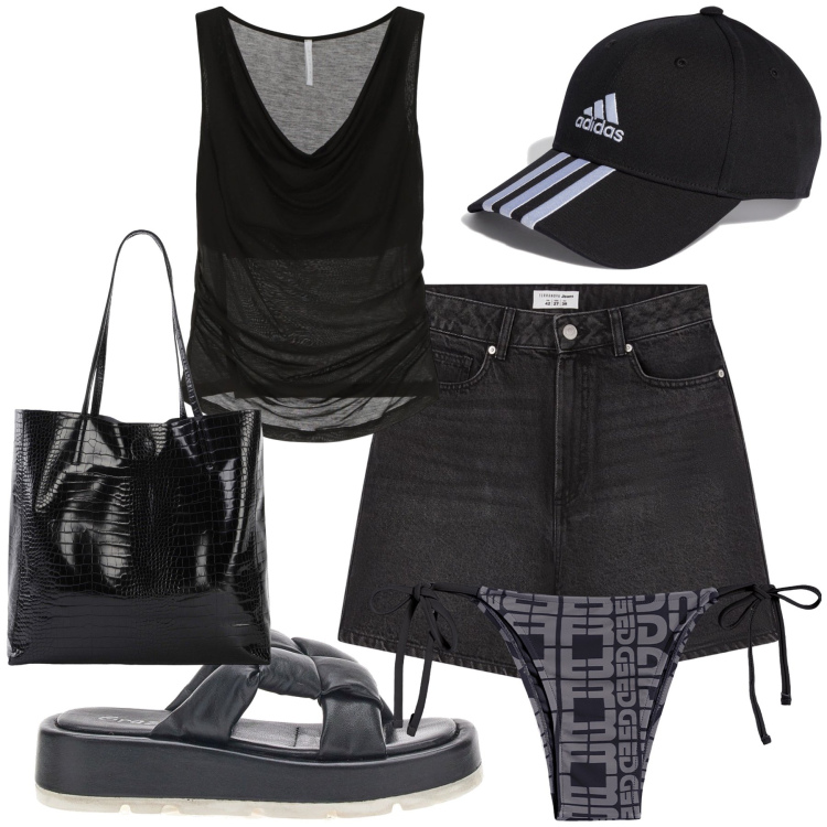 Outfit donna - W il mare. Stile Trendy per Mare. Abbinamento con shopping bag, bermuda, top, bikini, ciabatte, cappelli con visiera.