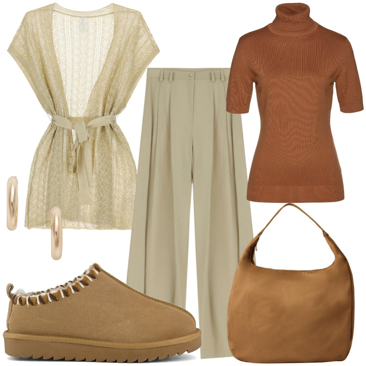 Outfit donna - Eleganza neutra chic. Stile Chic per Ufficio. Abbinamento con maglieria, borse a mano, pantaloni a palazzo, cappotti, orecchini, sabot.