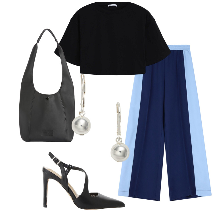 Outfit donna - A cena. Stile Chic per Serata fuori. Abbinamento con t-shirt, décolleté, pantaloni, borse a spalla, orecchini.