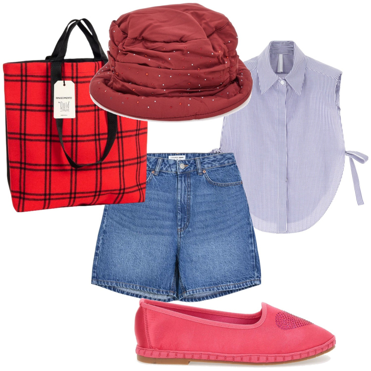 Outfit donna - Transizione fra stagioni. Stile Trendy per Tutti i giorni. Abbinamento con bermuda, borse tote, camicie, cappelli, ballerine.