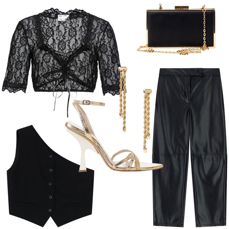 Outfit donna - Accessori gold. Stile Sexy per Serata fuori. Abbinamento con camicie, pochette, gilet, pantaloni, sandali col tacco, orecchini.