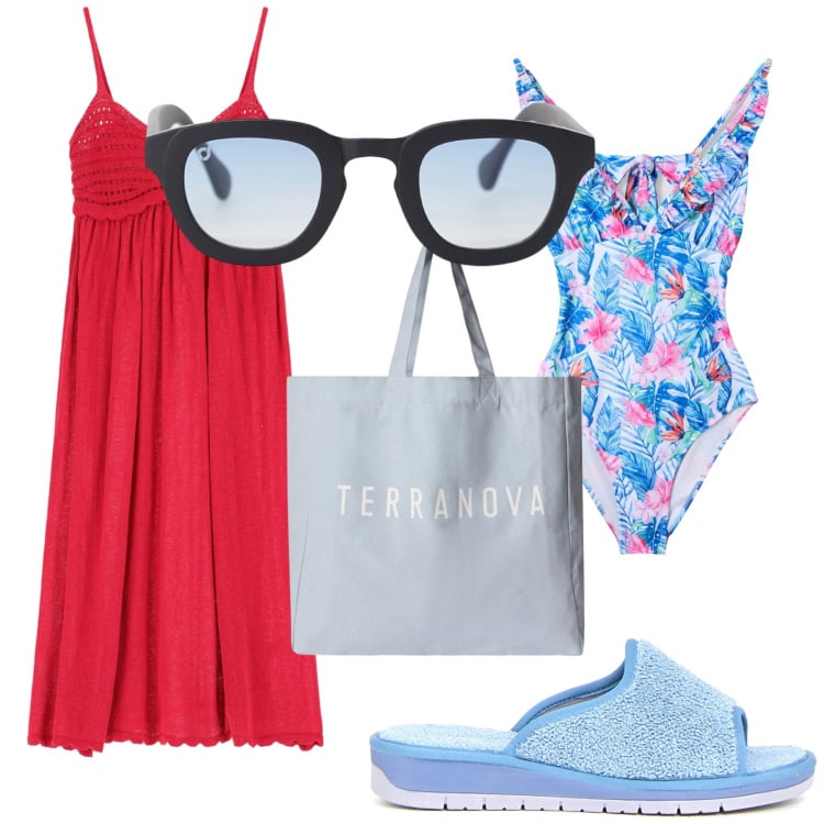 Outfit donna - L intero fiorito. Stile Trendy per Mare. Abbinamento con costumi interi, borse tote, vestiti, occhiali da sole, ciabatte.
